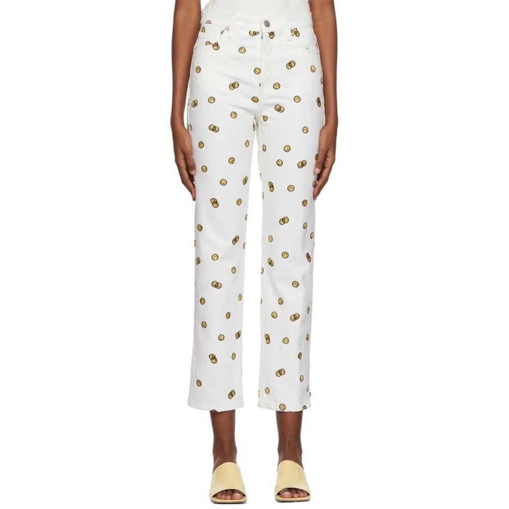Reformation Mixed Emotions White Jeans with Smiley Embroidery